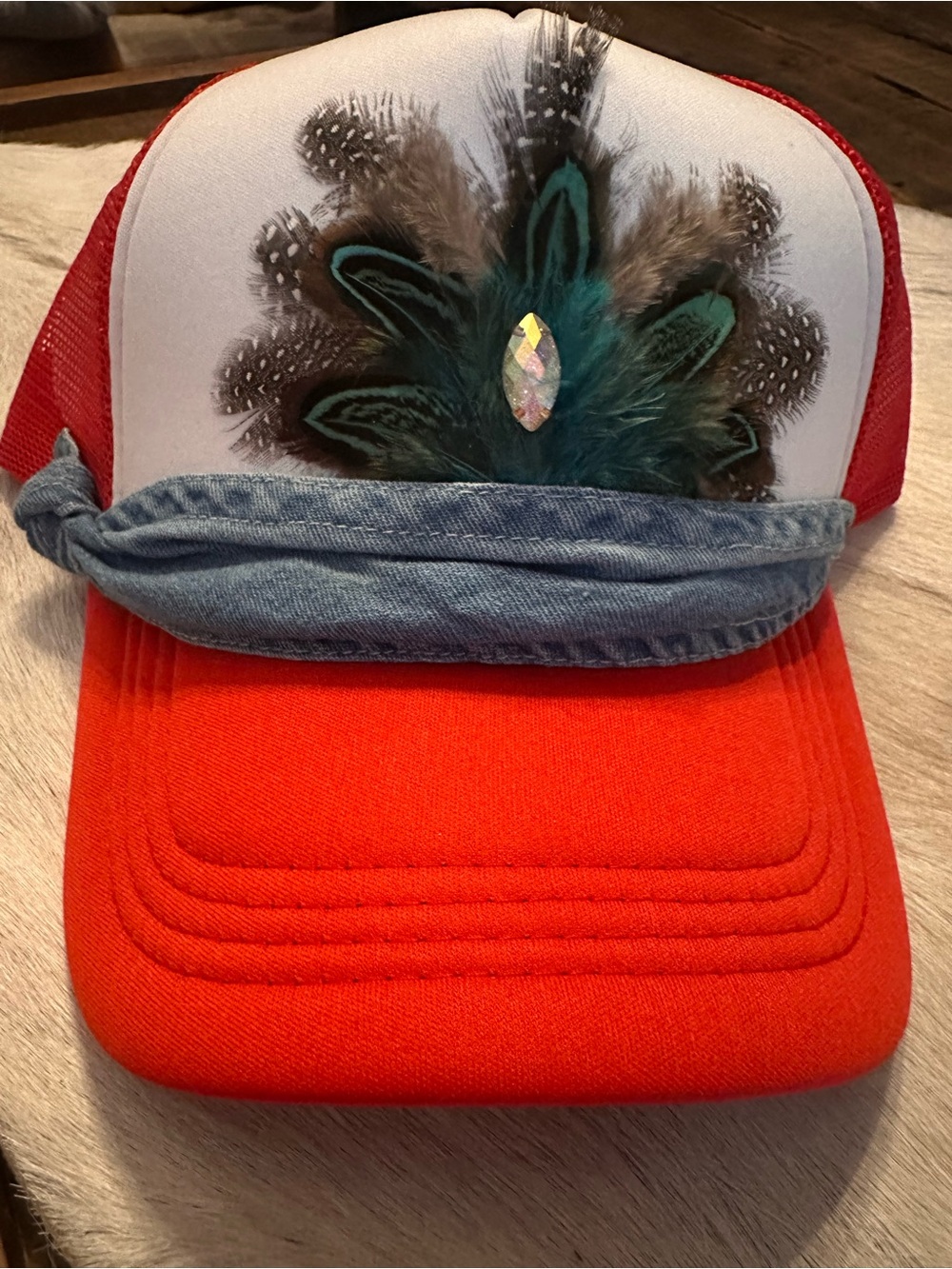 Red Trucker Hat with Feather & Jewel Accent